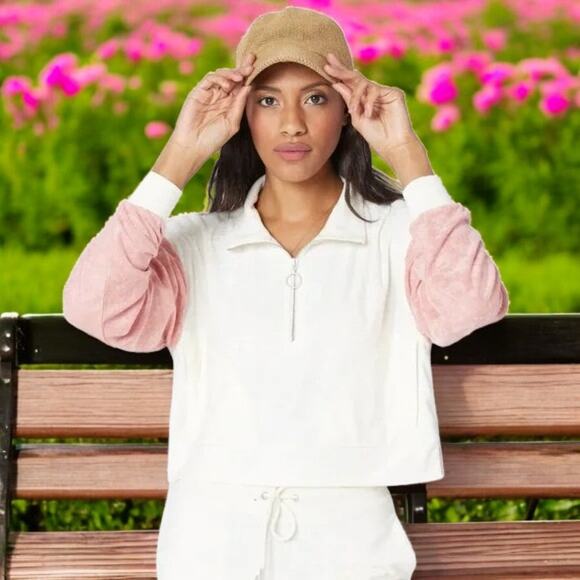 NWT - L*Space Back At It 2pc Set Sweatpants Sweatshirt Cream & Pink Size: M - Picture 3 of 11